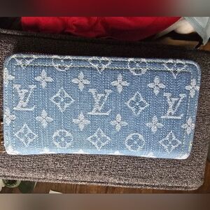 Denim Alongated Multi Compartment Blue/White Monogram Branded Logo Wallet